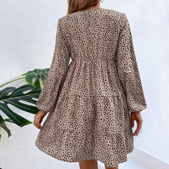 Women's new pleated leopard print long sleeve dress