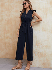 Women's new V-neck one-breasted wooden ear side sleeves with waistband 9/4 jumpsuit