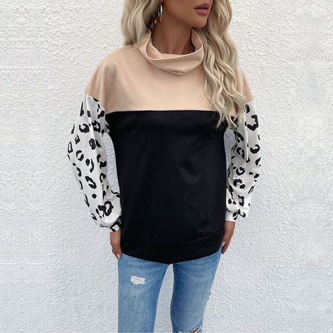 Women's new leopard print color blocking long sleeve high neck sweater