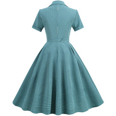 A-Z Women's New Neckline Open plaid Elastic Slim Fit Lace up Large Swing Mid length Vintage Dress
