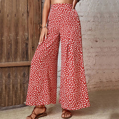 Red pants High waist floral flared wide leg pants Female