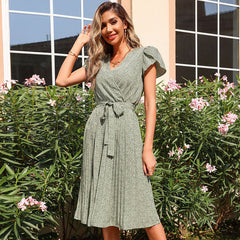 Women's new summer printed green pleated V-neck dress