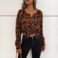 Women's new round neck long sleeve leopard print shirt