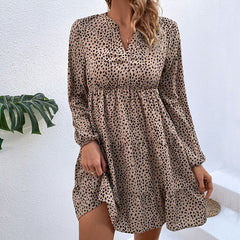 Women's new pleated leopard print long sleeve dress