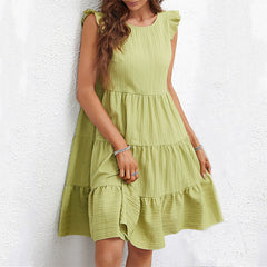 Women's New Solid Round Neck Lace Sleeveless Dress