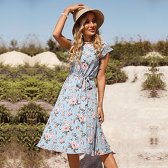 Women's New Fashion Blue Flower Print Holiday Dress