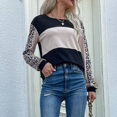 Women's new leopard pattern patchwork long sleeve T-shirt