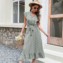 Women's New Summer Print Slim Fit Green Vintage Dress