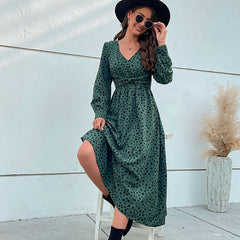 Women's New Green Long Sleeve Leopard Print Long Dress