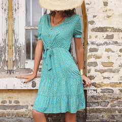 Women's New Green Slim Fit Slim V-neck Dress