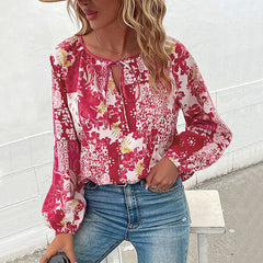 Women's new style lace up long sleeve floral shirt