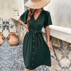 Women's waist closure temperament V-neck solid color dress for women