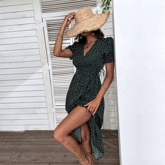 Women's new green printed medium length dress