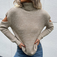 Women's New High Neck Long Sleeve Solid Cut Out Off Shoulder Sweater