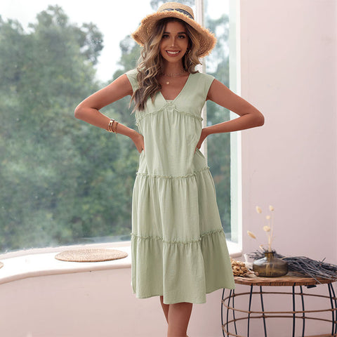 Women's new green cotton linen loose fitting dress