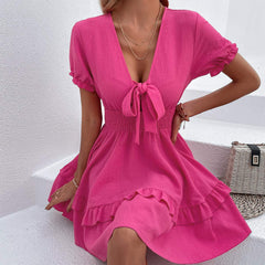 Women's New Pink Hollow Lace Up Waist Dress