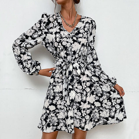 Women's new V-neck long sleeve printed dress