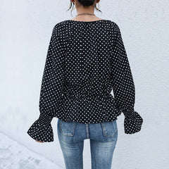 Women's New Fashion Women's Lacing Black Polka Dot Long Sleeve Shirt