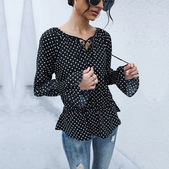 Women's New Fashion Women's Lacing Black Polka Dot Long Sleeve Shirt