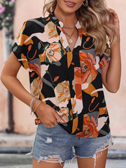 A-Z Women's New Fashion Painted Flower Print V-neck Short Sleeve Women's Top