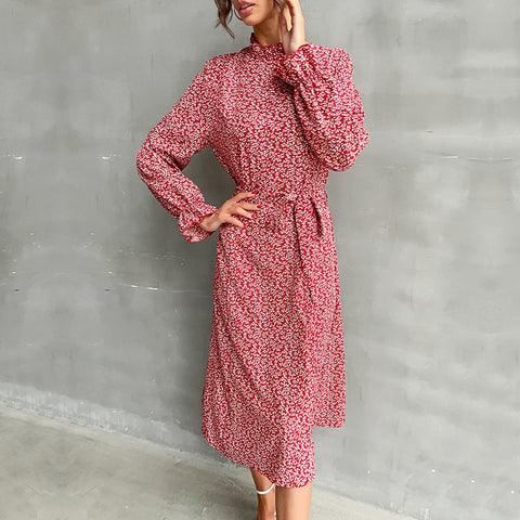 Women's New Long Sleeve Half High Neck Printed Slim Fit Dress