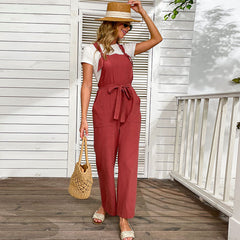 Women's New High Waist Slim Cotton Hemp Strap Pants