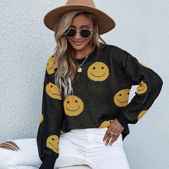 Women's new casual smiling face long sleeve black sweater