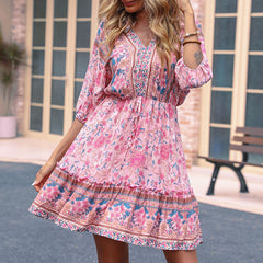 Women's New Print Retro Loose Pink Dress