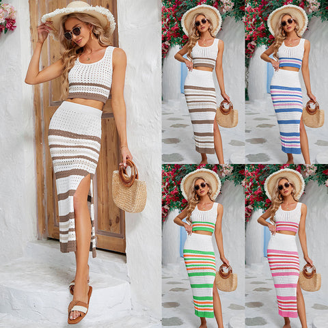 Women's New Square Neck Stripe Cutout Set Short Tank Top Split Long Dress