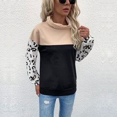 Women's new leopard print color blocking long sleeve high neck sweater