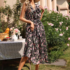 Women's New Vintage Flower Print Black Long Dress