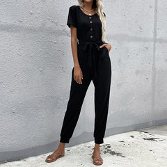 Women's new belt black leggings cropped jumpsuit