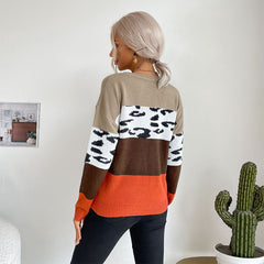 Women's new leopard print color blocking long-sleeved sweater