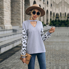 Women's new color contrast knit gray long-sleeved cut-out sweater