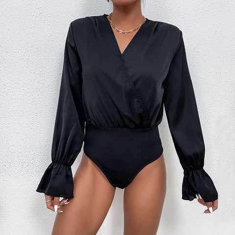 Women's black long sleeve tight-fitting one-piece top