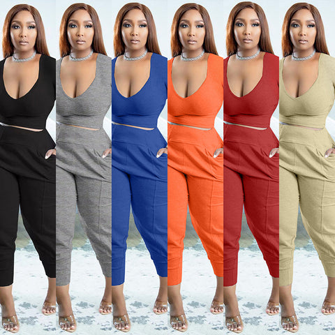 A-Z Women's New V-neck Solid Strap Pants Casual Two Piece Set
