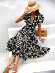 Women's New V-neck Ruffle Sleeve Split High Waist Dress