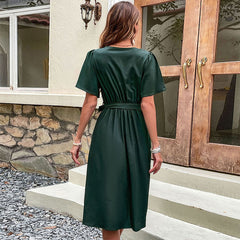 Women's waist closure temperament V-neck solid color dress for women