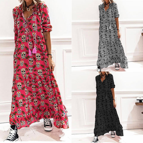 A-Z Women's New Printed Half Open Neck Loose Long Dress