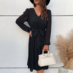 Women's new black long-sleeved pleated dress