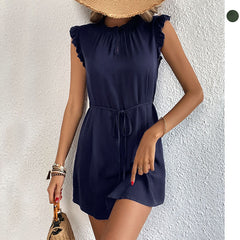 Summer Women's Short Flying Sleeve Solid Color Dress