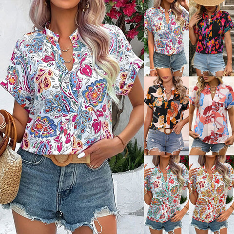 Women's New Fashion V-neck Colored Painted Flower Print Short Sleeve Loose Size Shirt