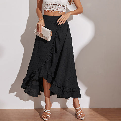 Women's New Black Irregular Ruffle Edge Long Women's Half length Skirt