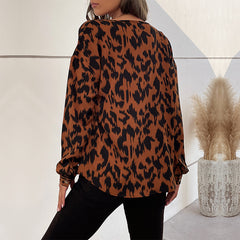 Women's new round neck long sleeve leopard print shirt