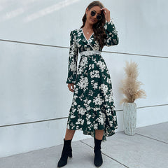 Women's New Ruffle Long Sleeve Printed Irregular Dress