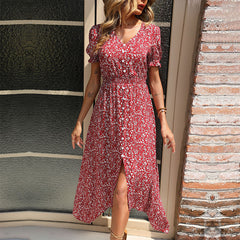 Women's new red temperament retro floral dress