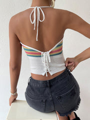 A-Z Women's New Open Back Lace Up Neck Rainbow Stripe Strap Top