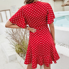 Women's new V-neck red polka dot one piece dress