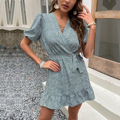 Women's New Summer Print V-Neck Ruffle Edge Sen Dress