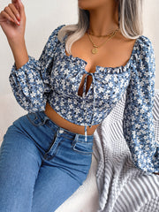 Women's new ear lace up floral chiffon shirt with exposed navel top